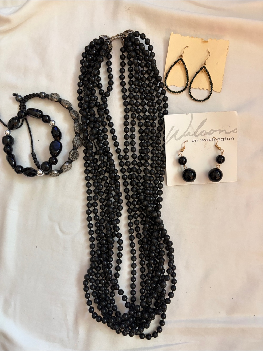 Black Multi-Strand Beaded Necklace, Bracelets and Earrings